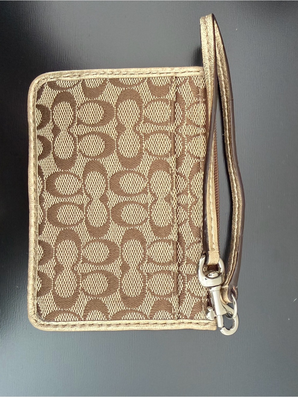 Coach Brown Signature Canvas Wristlet with Metallic Gold Trim